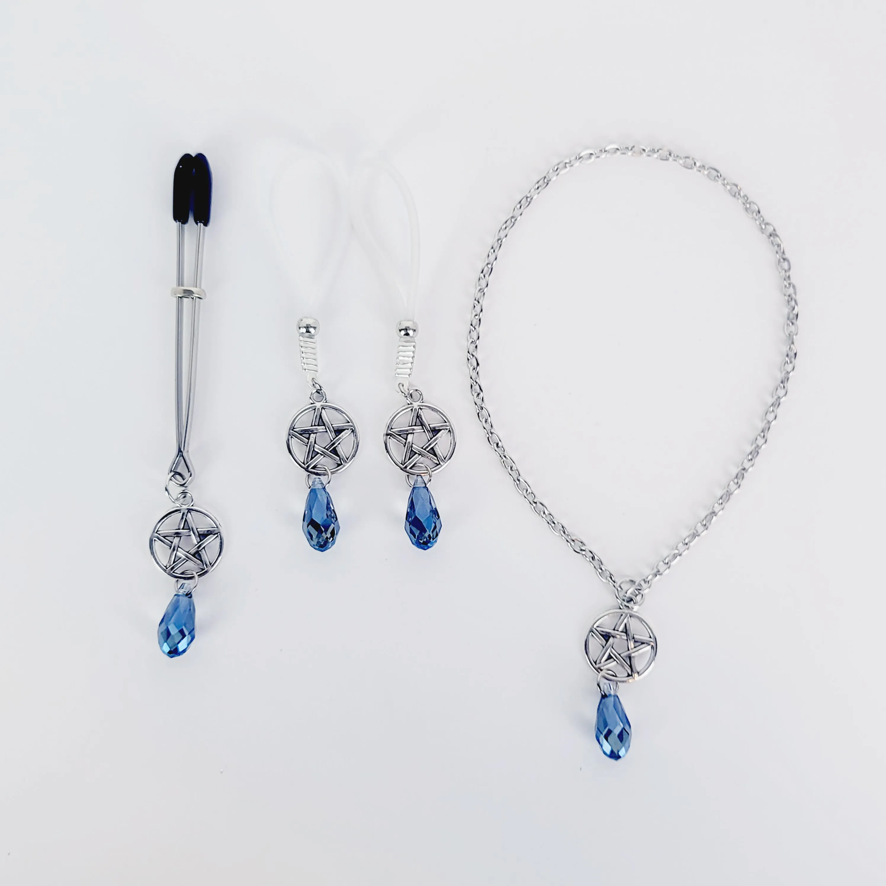 Intimate Jewelry Set For Couples with Pentagram and Crystal. Penis Chain Noose, Tweezer Clit Clamp, and Nipple Dangles or Clamps.