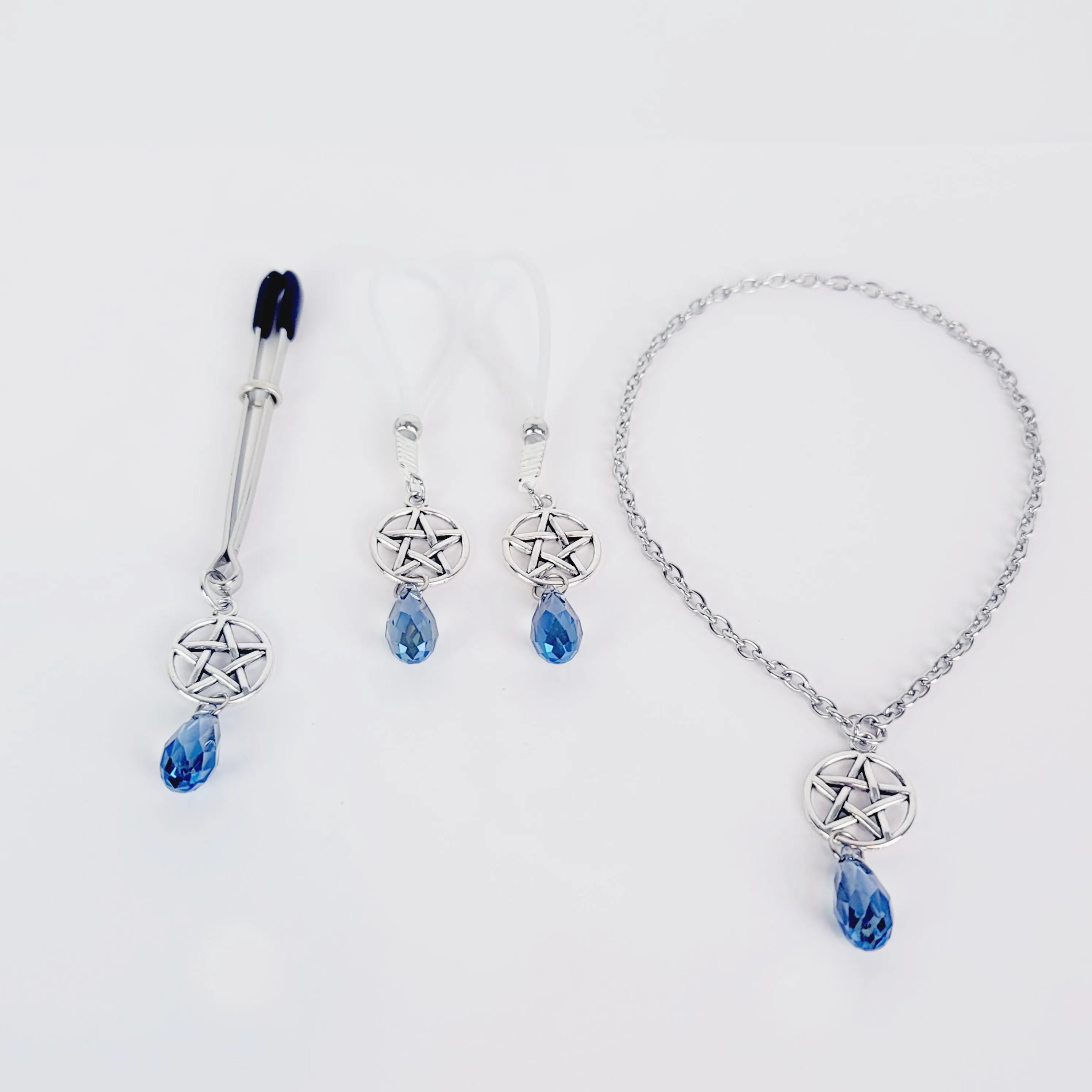 Intimate Jewelry Set For Couples with Pentagram and Crystal. Penis Chain Noose, Tweezer Clit Clamp, and Nipple Dangles or Clamps.
