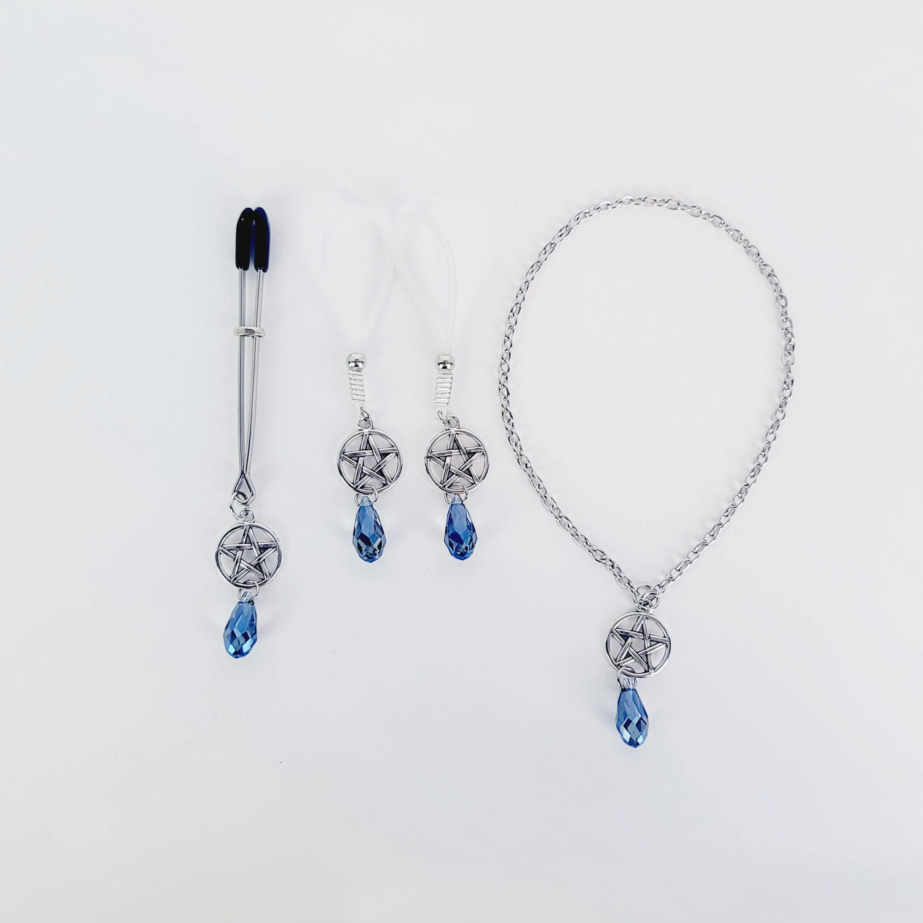 Intimate Jewelry Set For Couples with Pentagram and Crystal. Penis Chain Noose, Tweezer Clit Clamp, and Nipple Dangles or Clamps.