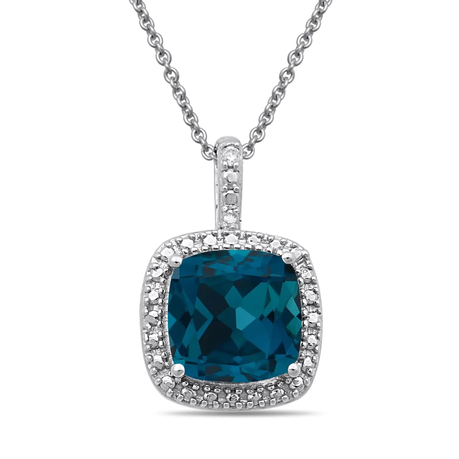 Jewelili Sterling Silver With London Blue Topaz and Natural White Round Diamonds Pendant Necklace with Stud Earrings Jewelry Set