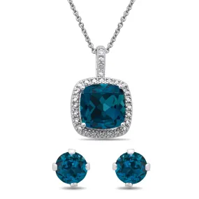 Jewelili Sterling Silver With London Blue Topaz and Natural White Round Diamonds Pendant Necklace with Stud Earrings Jewelry Set