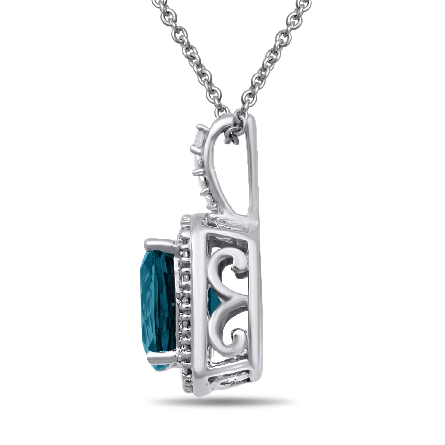 Jewelili Sterling Silver With London Blue Topaz and Natural White Round Diamonds Pendant Necklace with Stud Earrings Jewelry Set