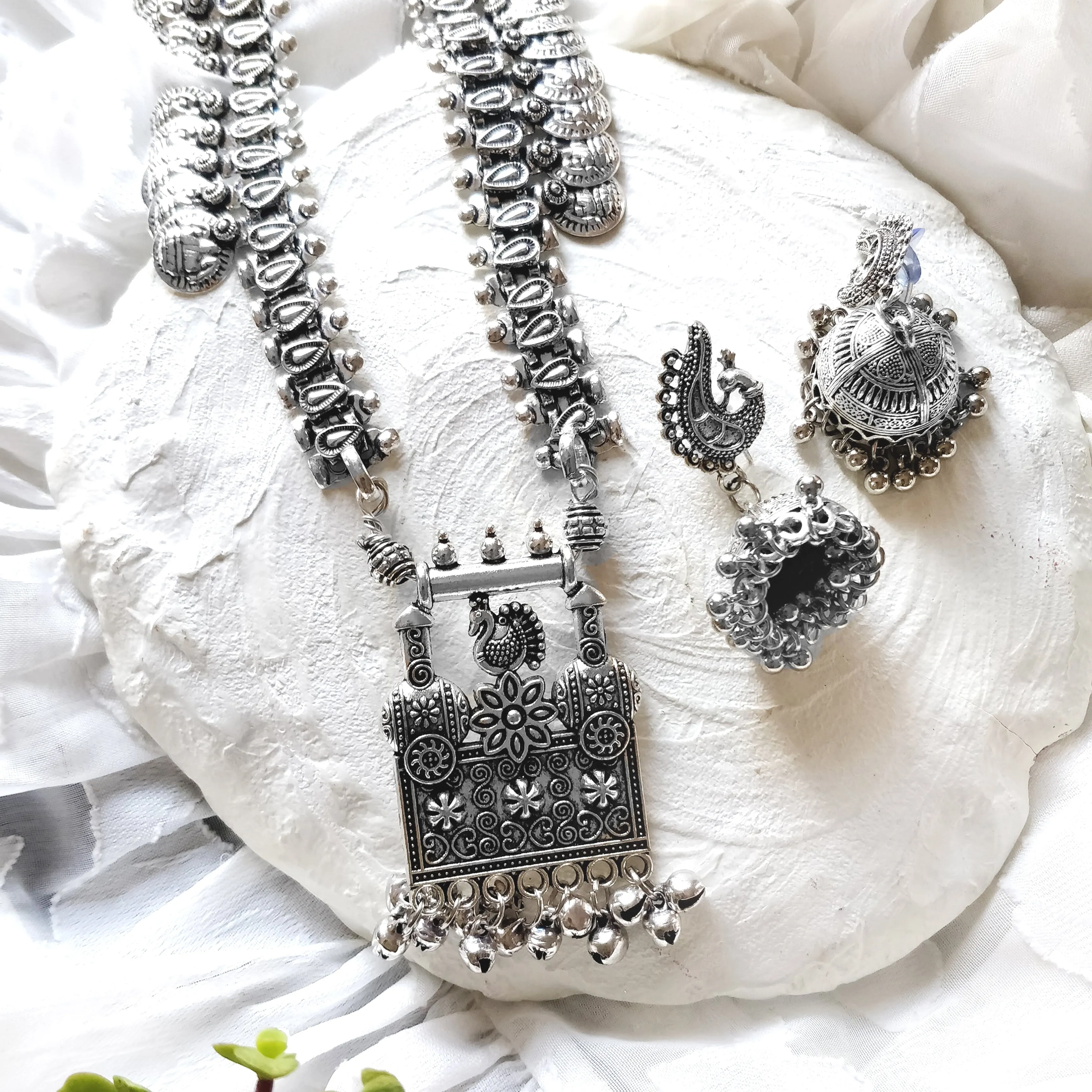 Kaveesha Silver Oxidized Peacock Necklace Set