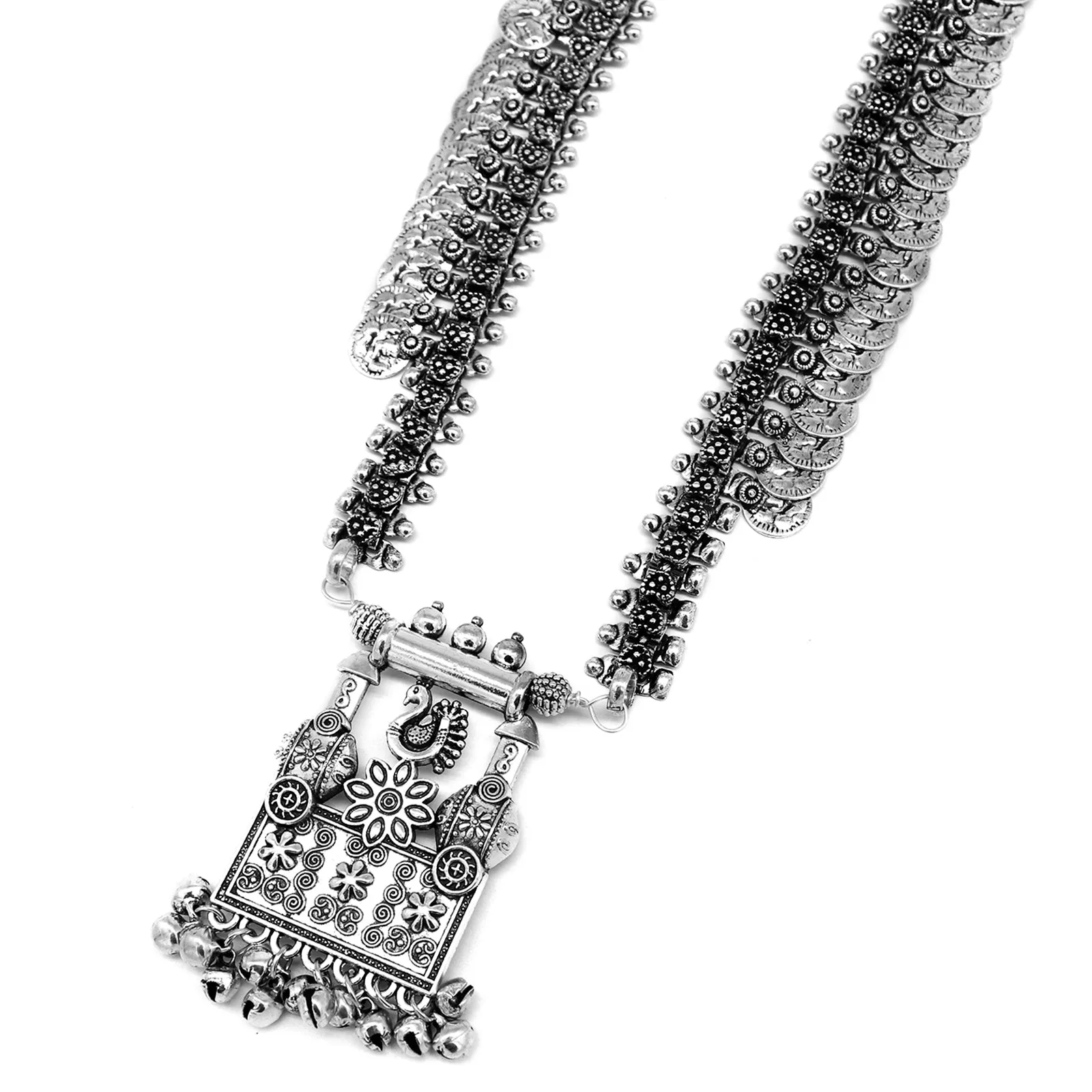 Kaveesha Silver Oxidized Peacock Necklace Set