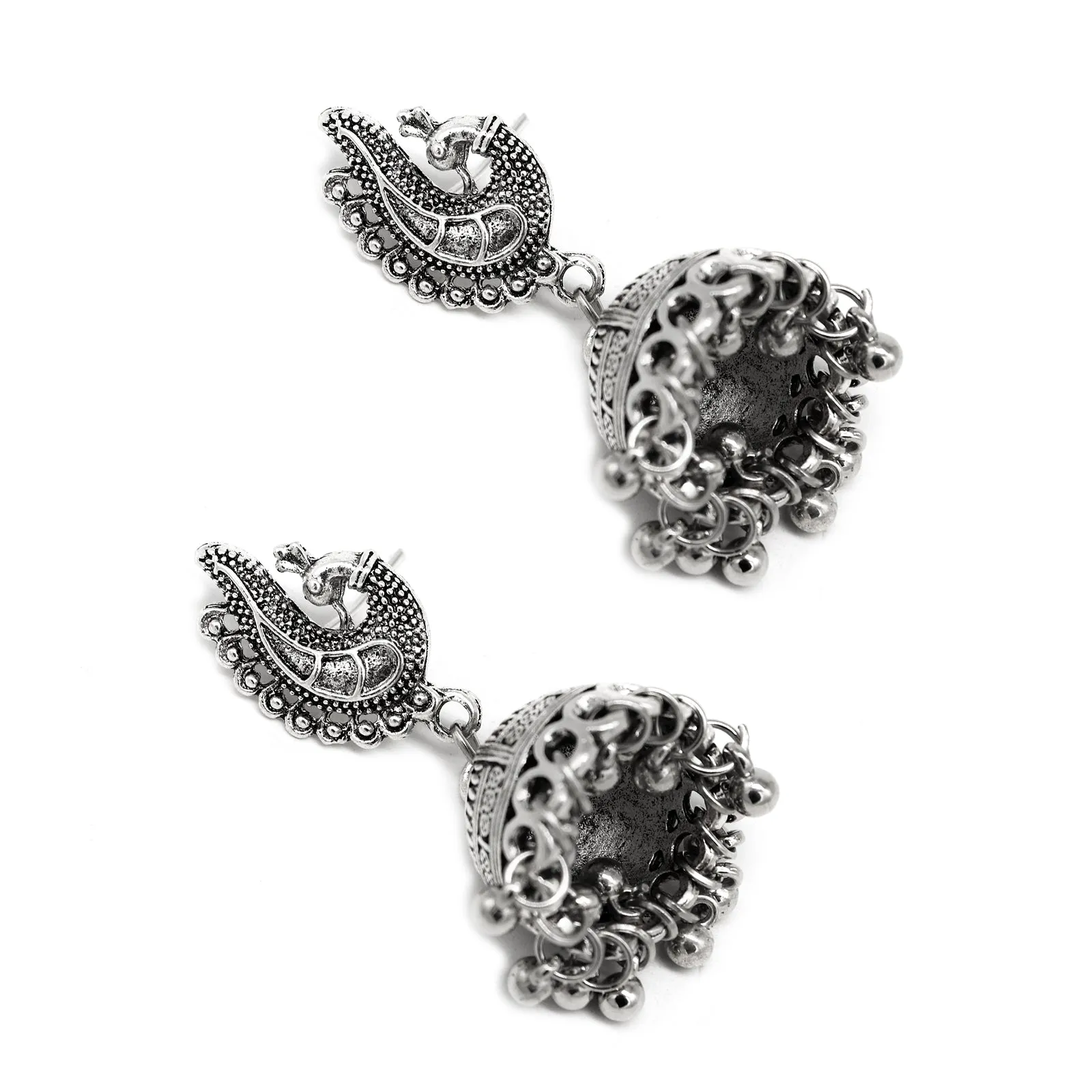 Kaveesha Silver Oxidized Peacock Necklace Set