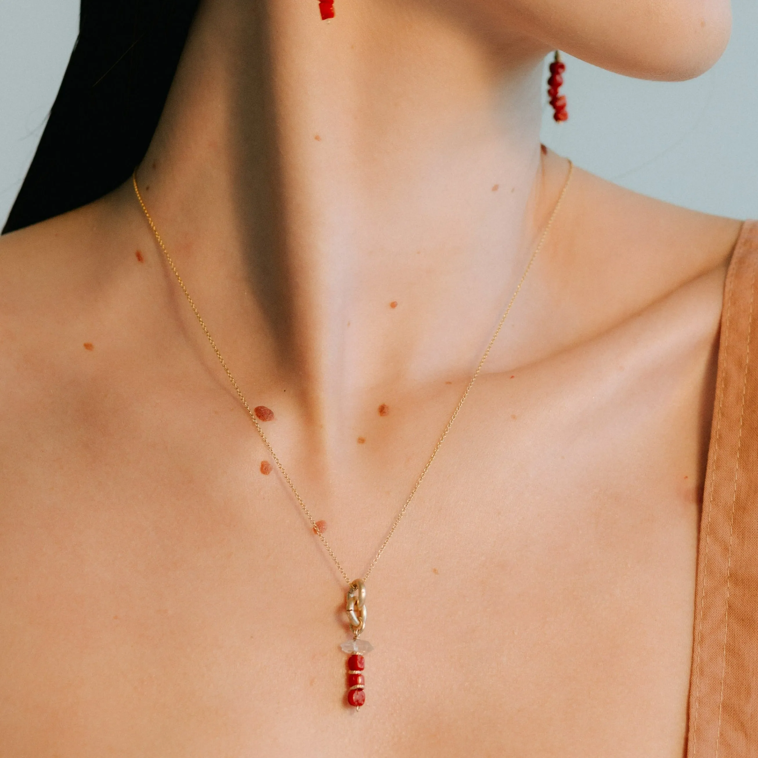 Koralli Necklace #1 - Red Agate, Red Coral, Diamond Quartz & Rice Pearl