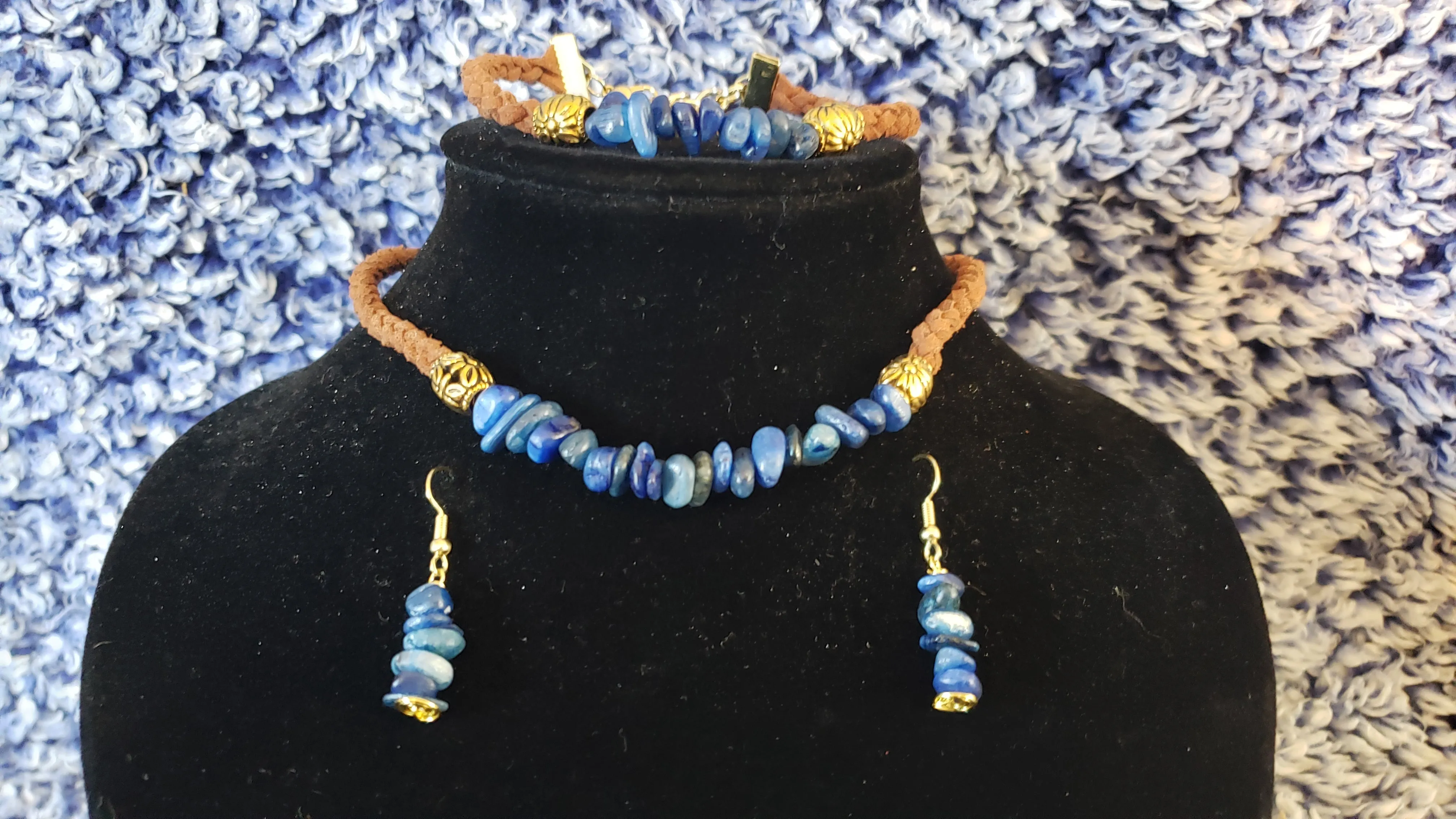 Kyanite Gemstone & Genuine Brown Leather Set. Choker, Bracelet & Earrings. Fully adjustable with Lobster Claw Clasps.