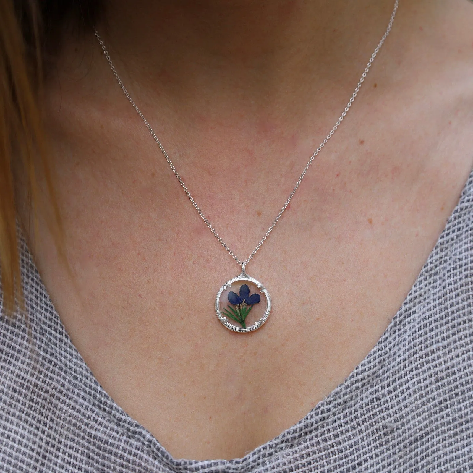 Lobelia Small Glass Botanical Necklace - Recycled Sterling Silver