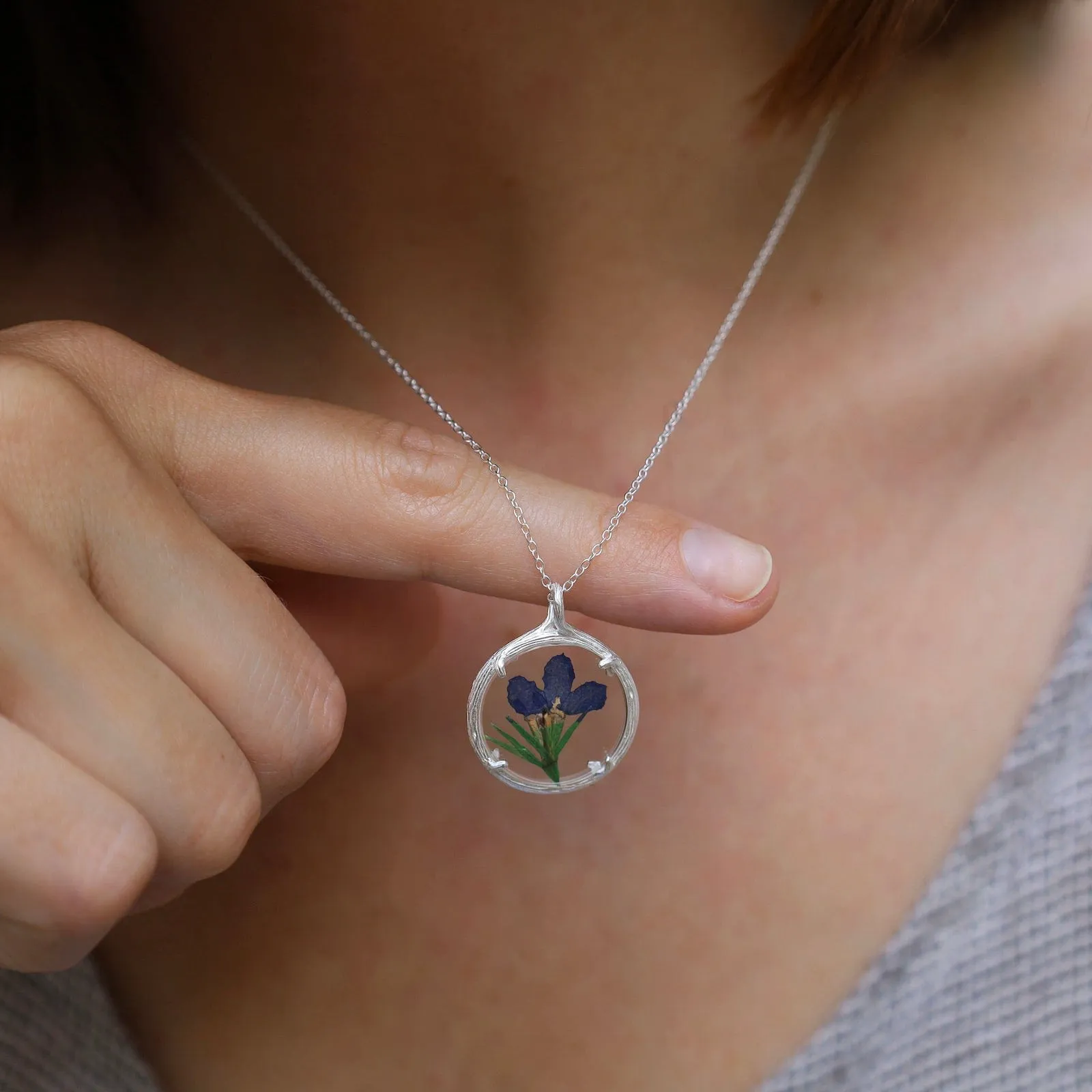 Lobelia Small Glass Botanical Necklace - Recycled Sterling Silver