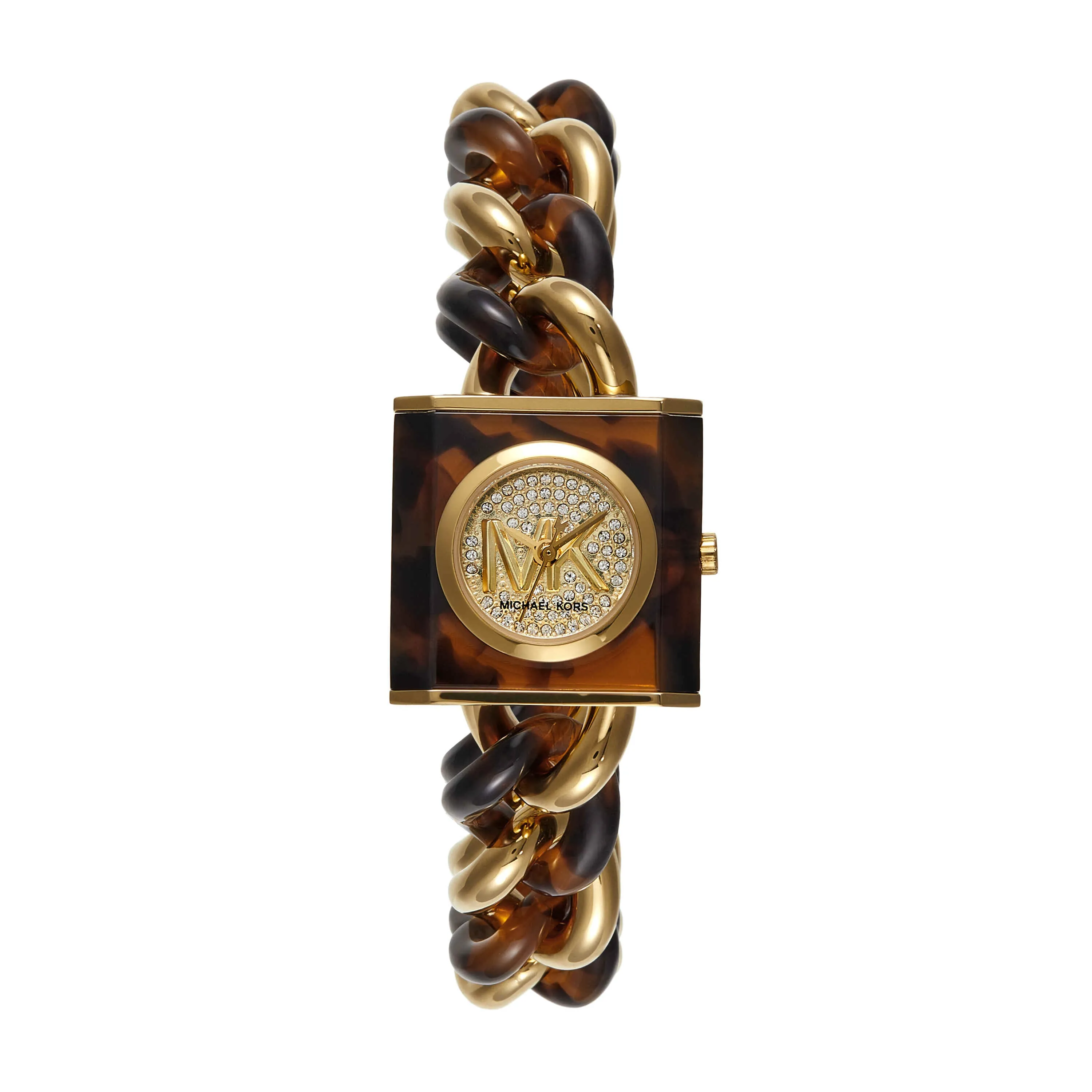Michael Kors MK Chain Lock Three-Hand Tortoise and Gold-Tone Stainless Steel Watch MK4808