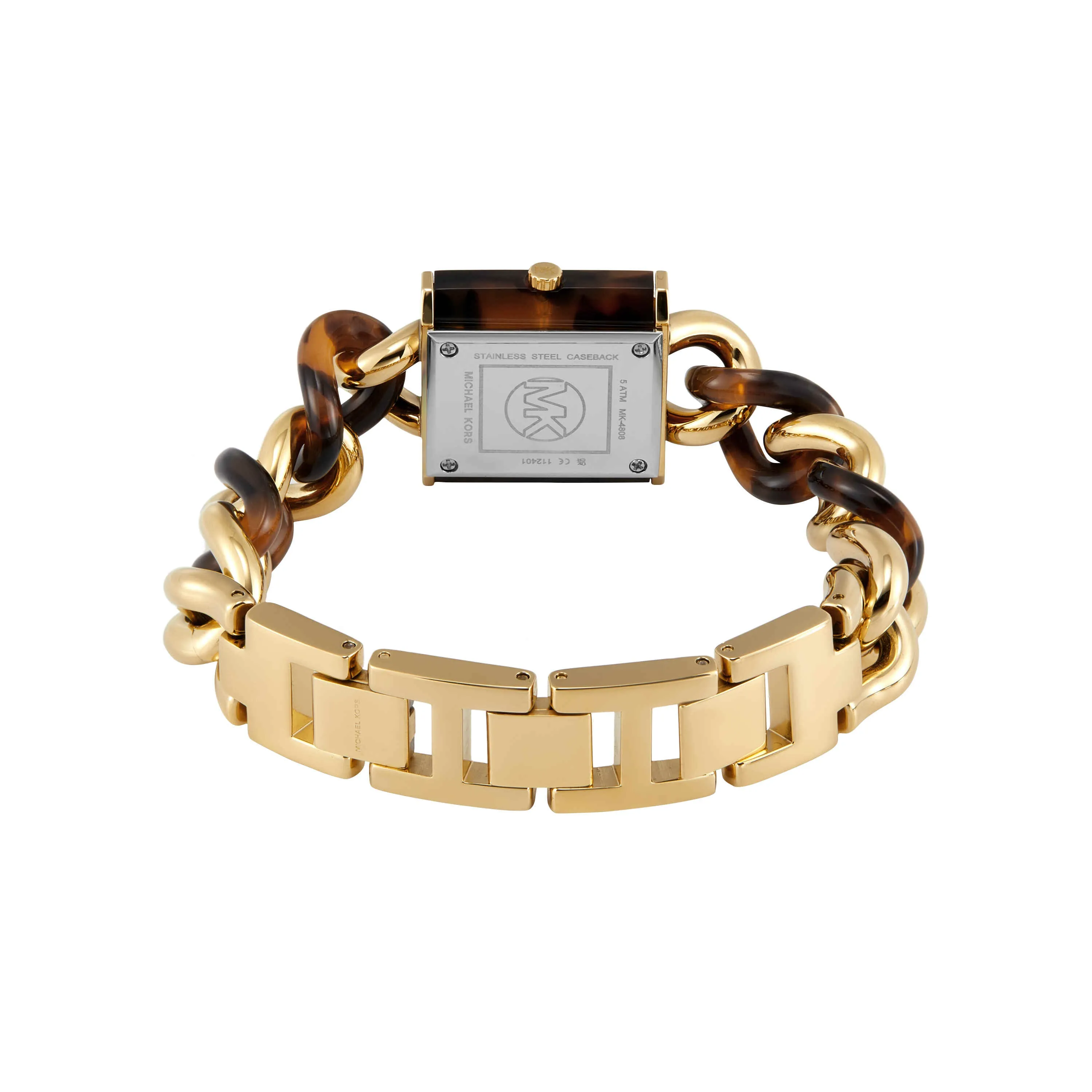 Michael Kors MK Chain Lock Three-Hand Tortoise and Gold-Tone Stainless Steel Watch MK4808
