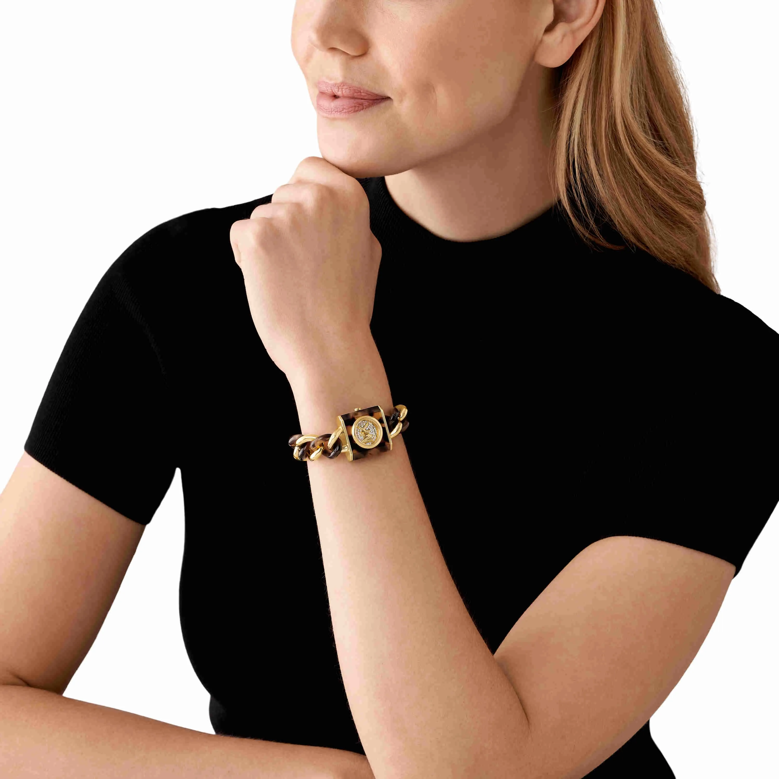Michael Kors MK Chain Lock Three-Hand Tortoise and Gold-Tone Stainless Steel Watch MK4808