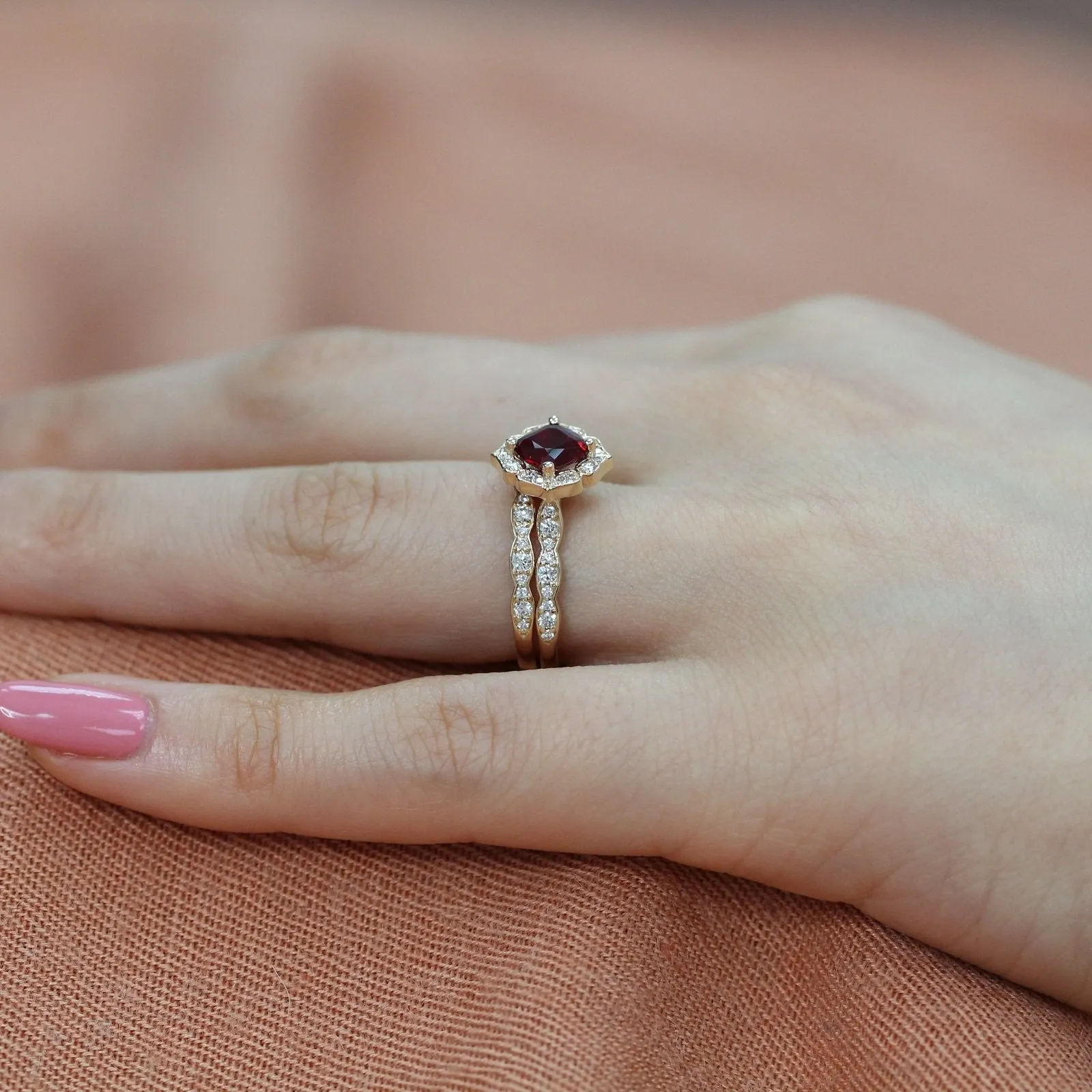 Mini Vintage Floral Bridal Set w/ Cushion Ruby and Scalloped Diamond Ring