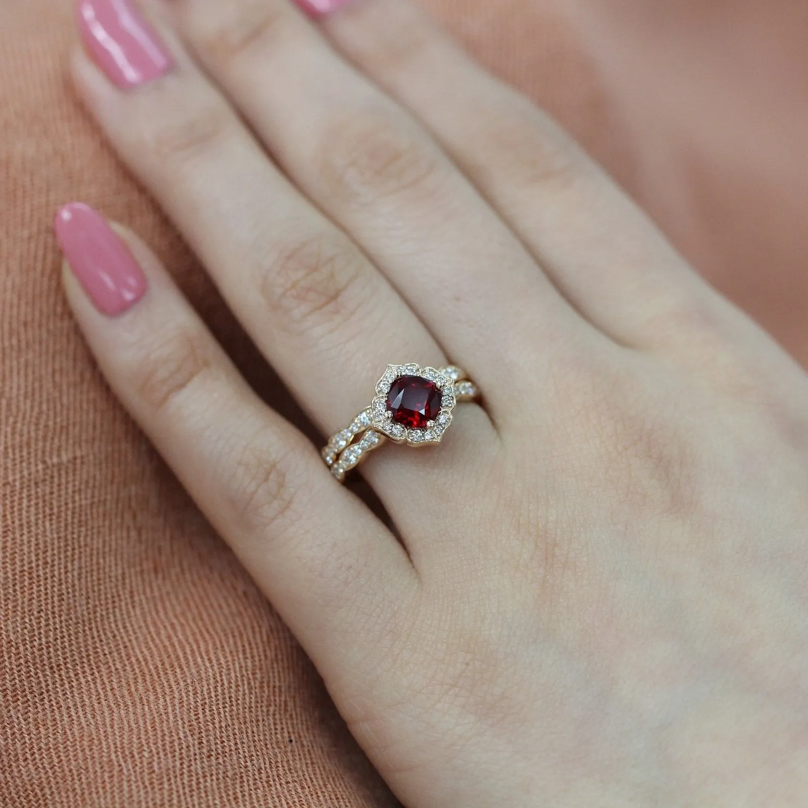 Mini Vintage Floral Bridal Set w/ Cushion Ruby and Scalloped Diamond Ring