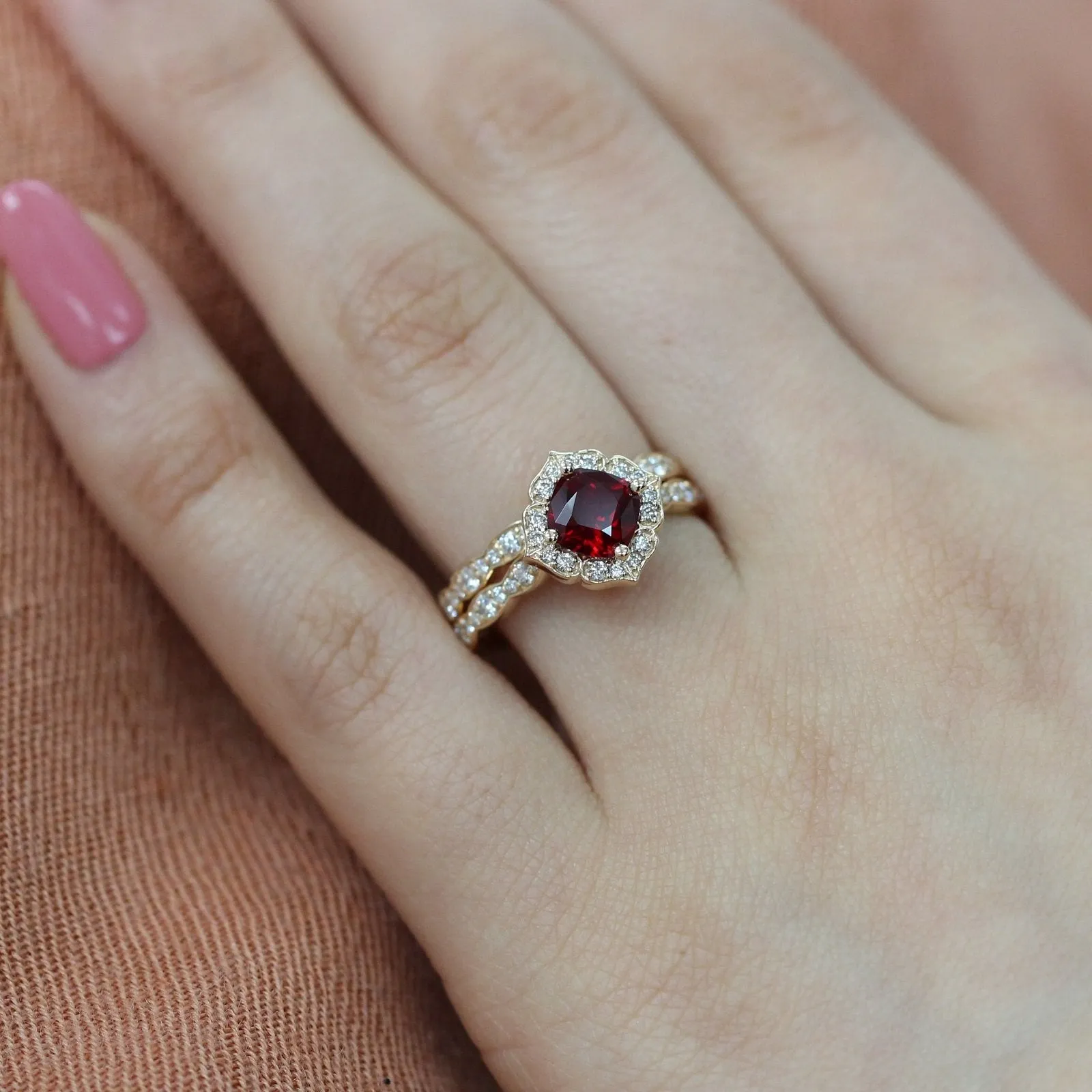 Mini Vintage Floral Bridal Set w/ Cushion Ruby and Scalloped Diamond Ring
