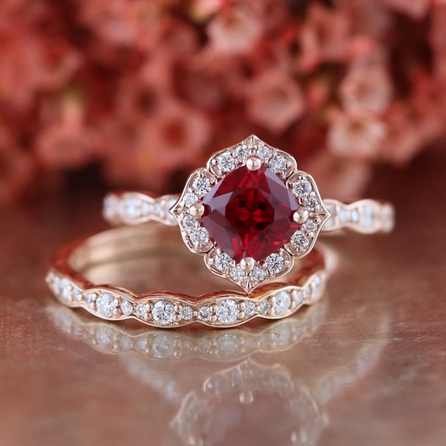 Mini Vintage Floral Bridal Set w/ Cushion Ruby and Scalloped Diamond Ring