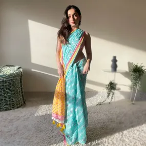Mul Cotton Saree With Blouse Piece | Hand Block Printed | Blue