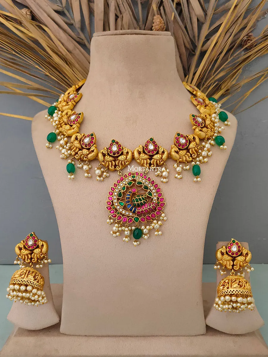 Multicolor Gold Plated Temple Necklace Set - TMPSET127M