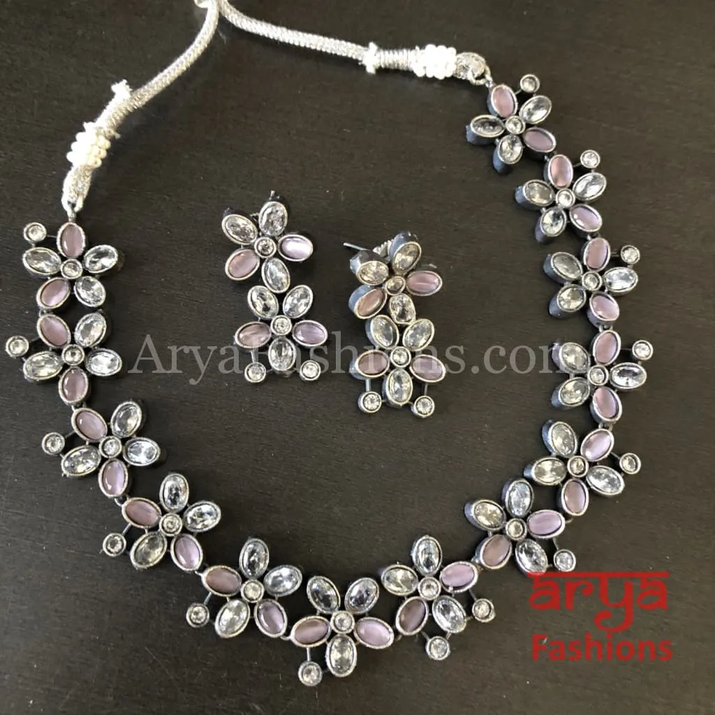 Naisa Designer Oxidized Silver Statement Necklace with colored stones