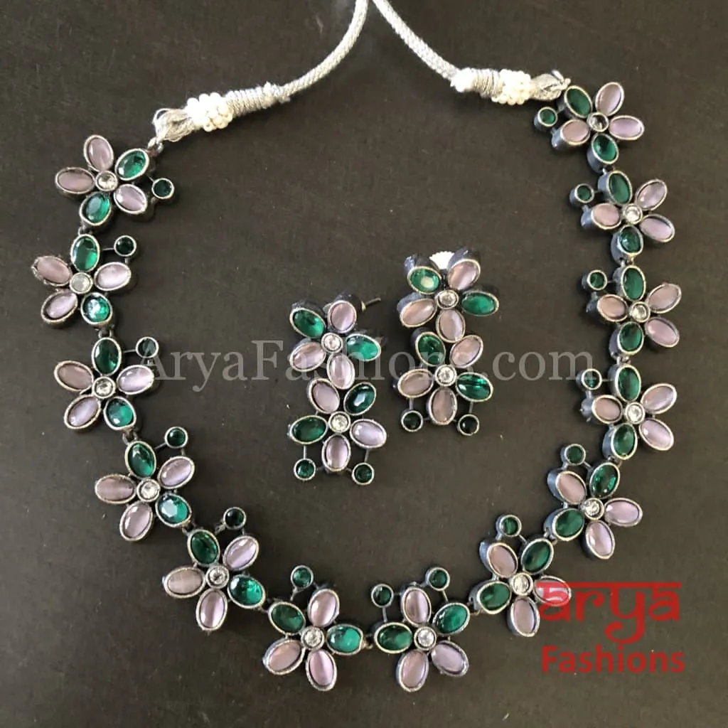 Naisa Designer Oxidized Silver Statement Necklace with colored stones