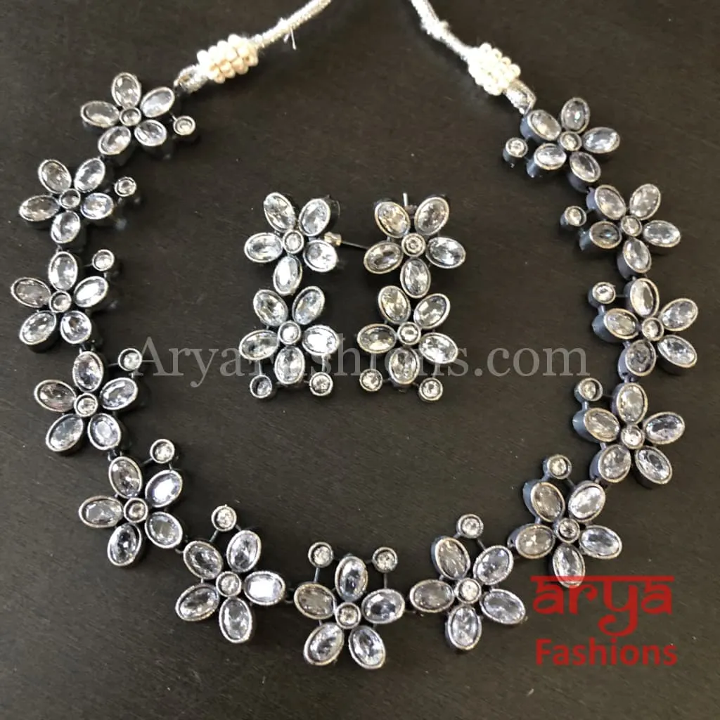 Naisa Designer Oxidized Silver Statement Necklace with colored stones