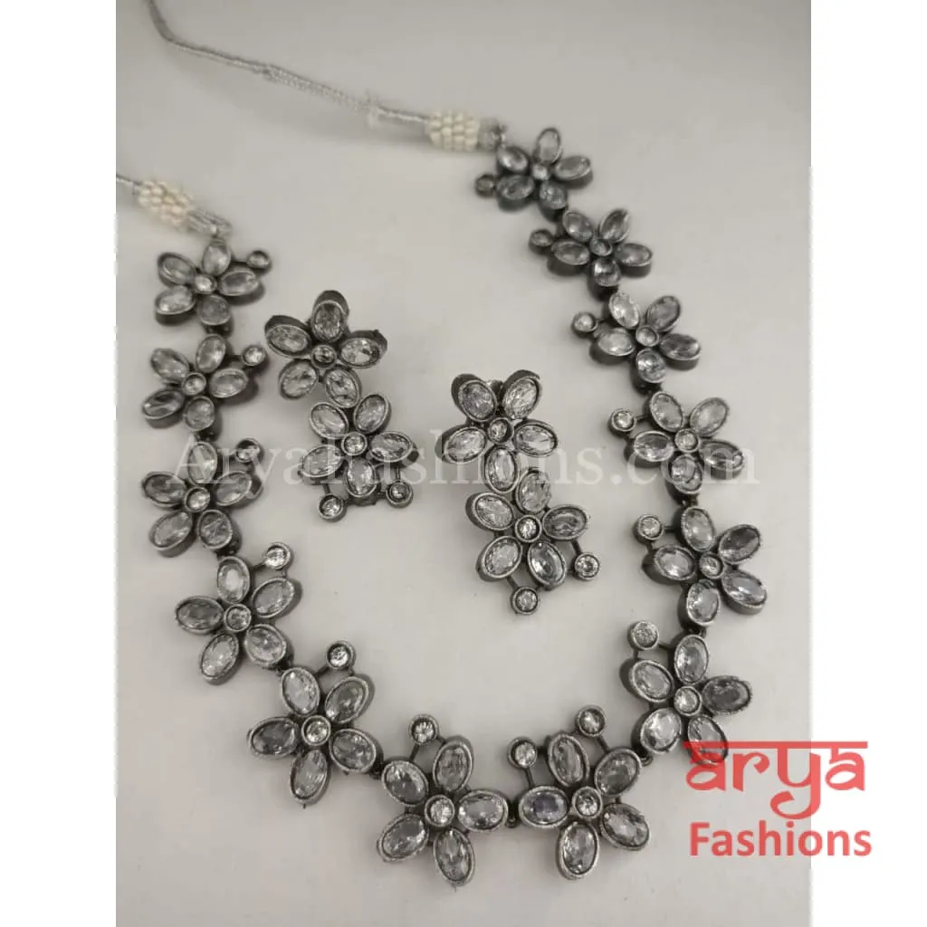 Naisa Designer Oxidized Silver Statement Necklace with colored stones