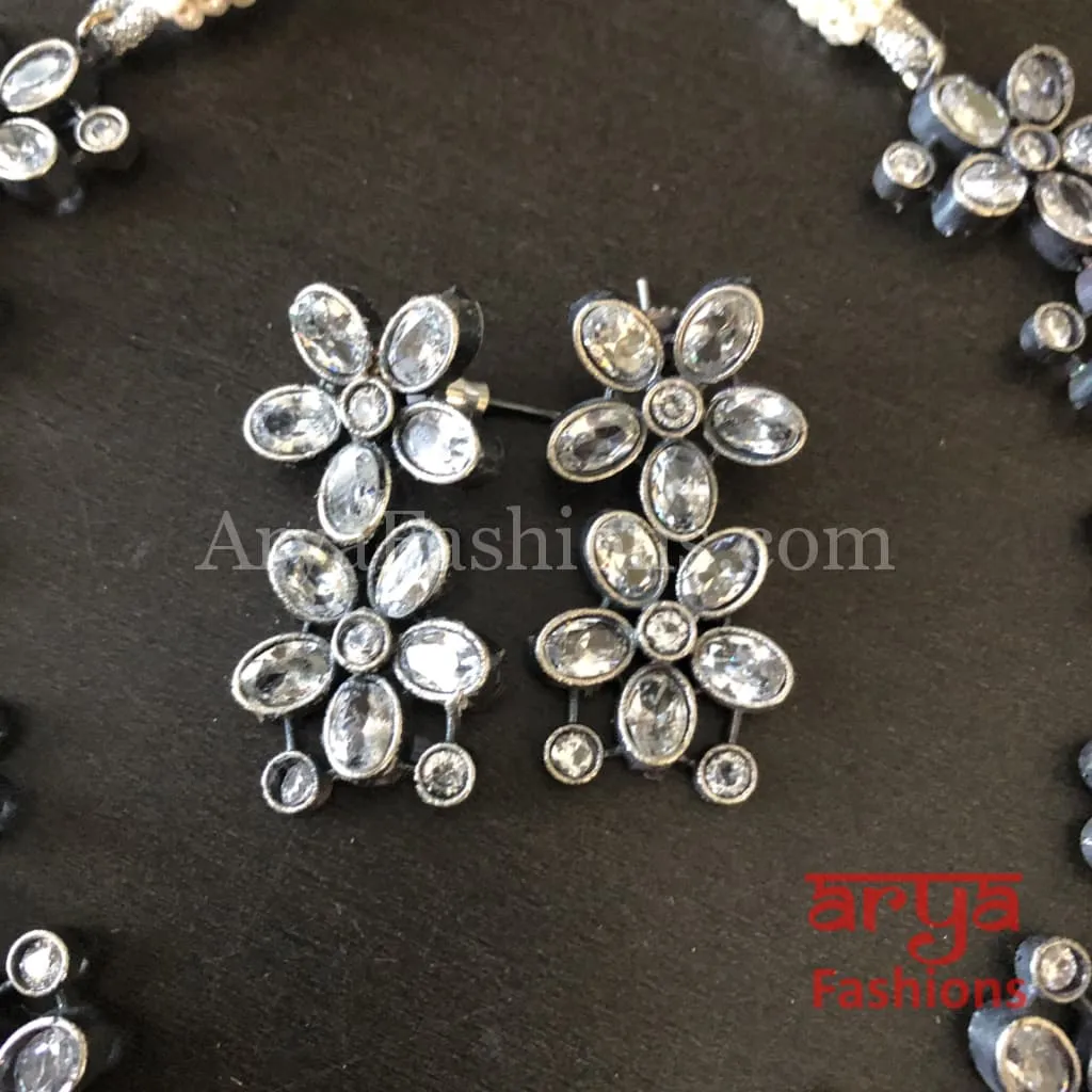 Naisa Designer Oxidized Silver Statement Necklace with colored stones