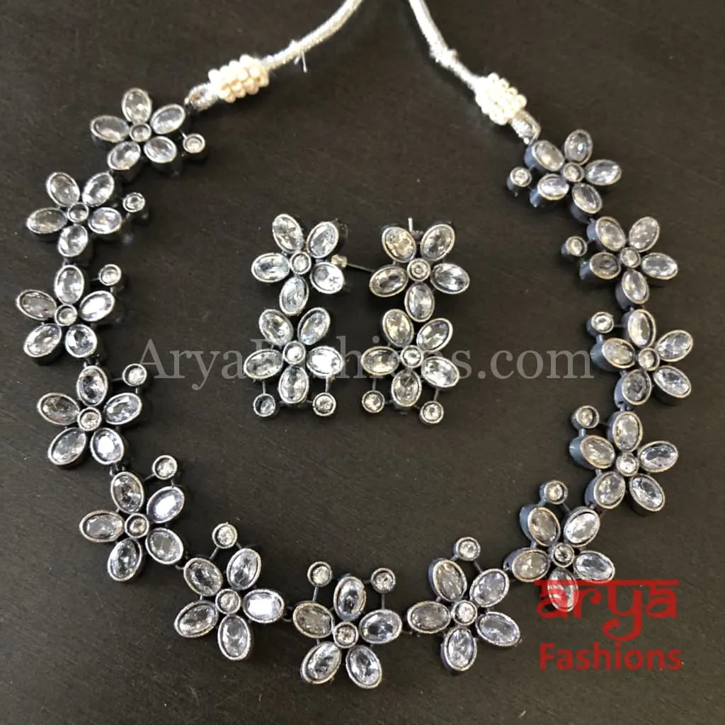 Naisa Designer Oxidized Silver Statement Necklace with colored stones