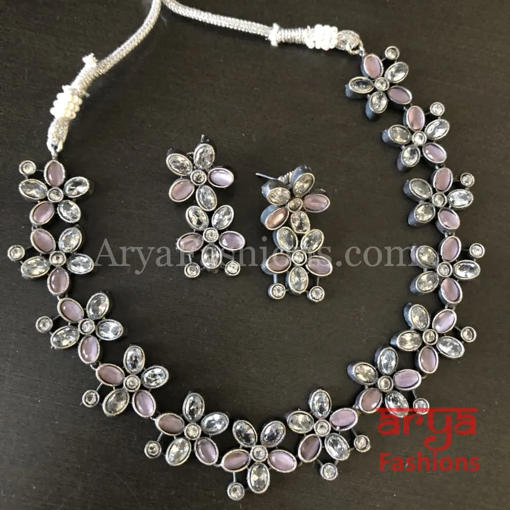 Naisa Designer Oxidized Silver Statement Necklace with colored stones