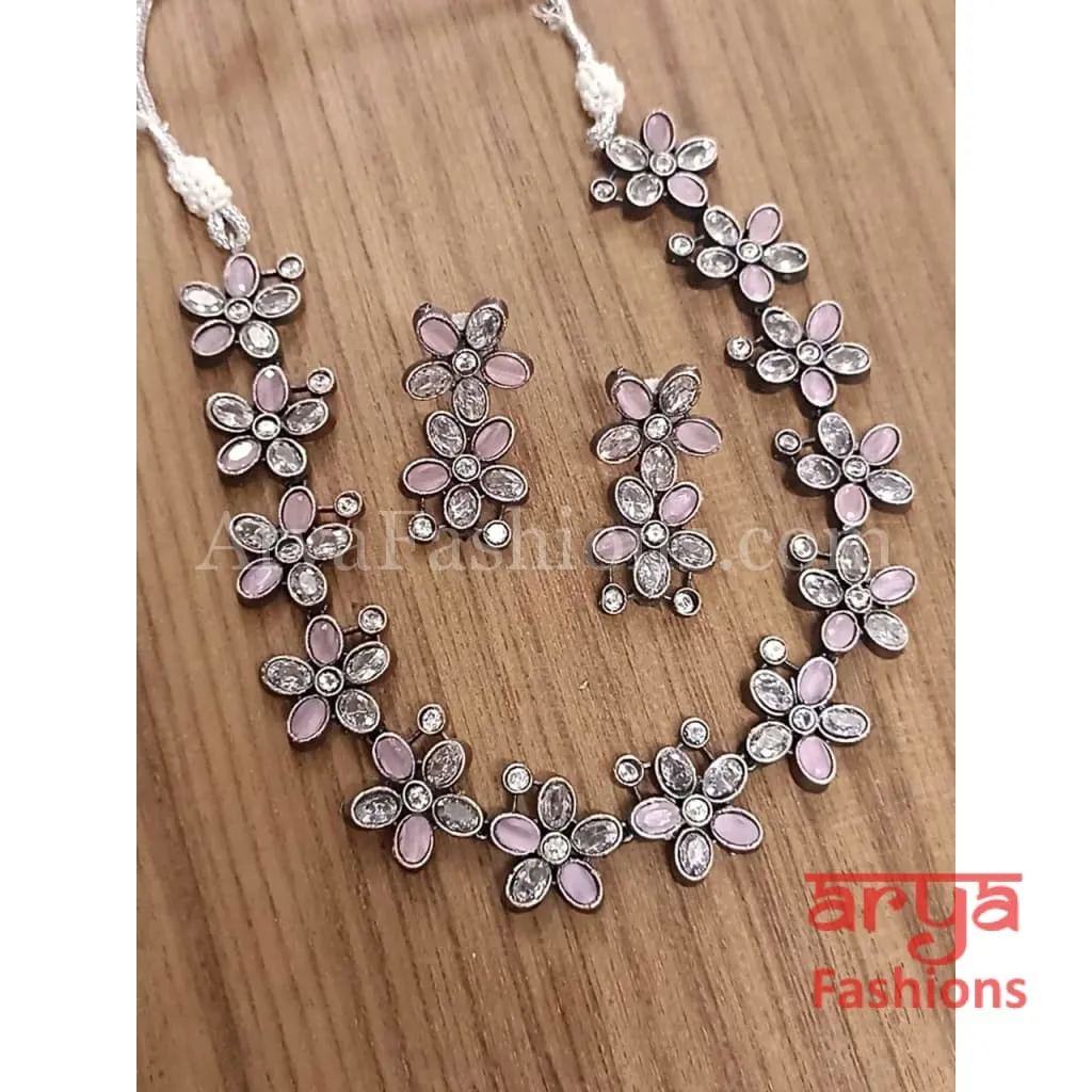 Naisa Designer Oxidized Silver Statement Necklace with colored stones