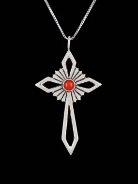 Native American Coral Cross Sterling Silver Pendant