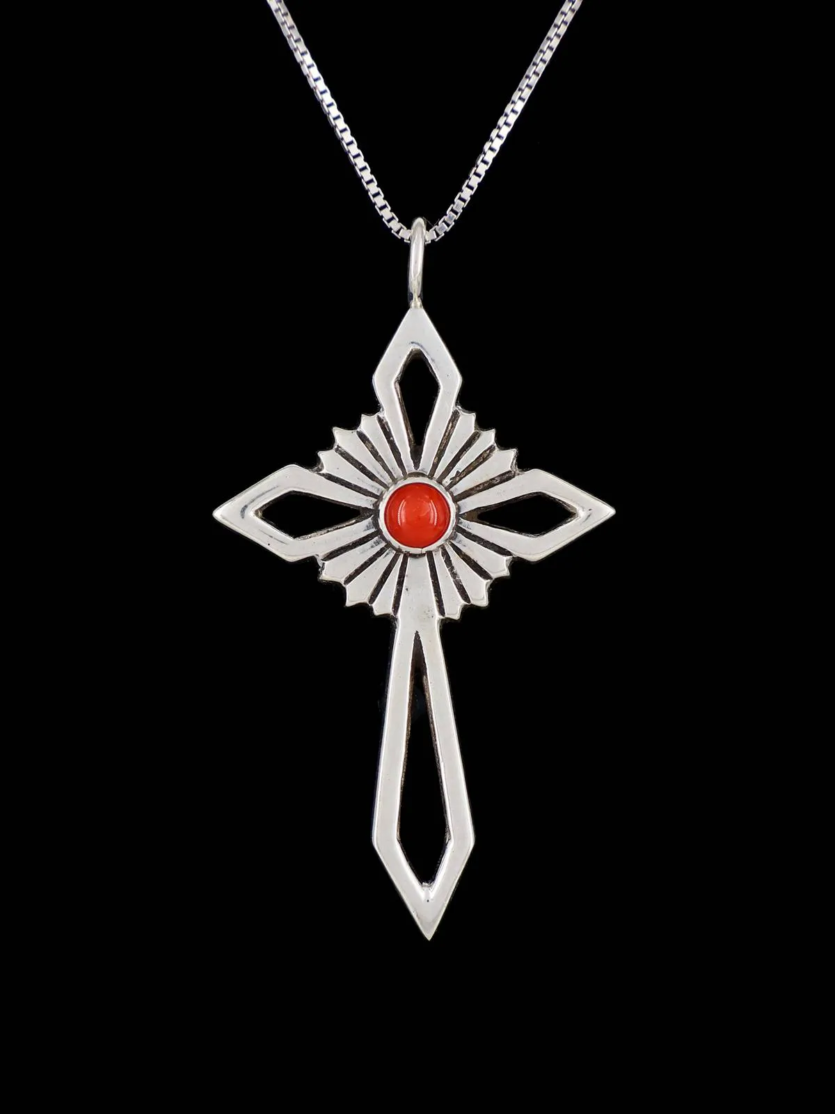 Native American Coral Cross Sterling Silver Pendant