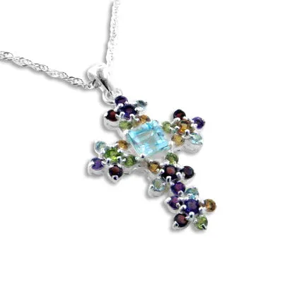 Natural Gemstone Flower Cross Necklace Sterling Silver