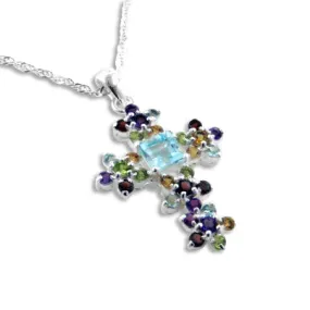 Natural Gemstone Flower Cross Necklace Sterling Silver