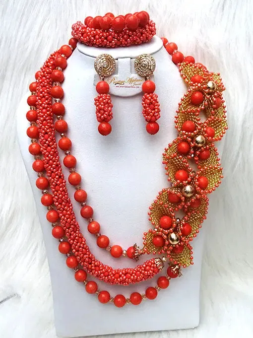 Orange Coral New 2 Designs Party African Bridal Wedding Cocktail Nigerian Beads Jewellery Set