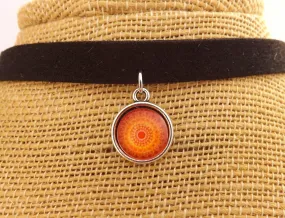 Orange Pattern on Black Dome Pendant on Choker Cord Necklace