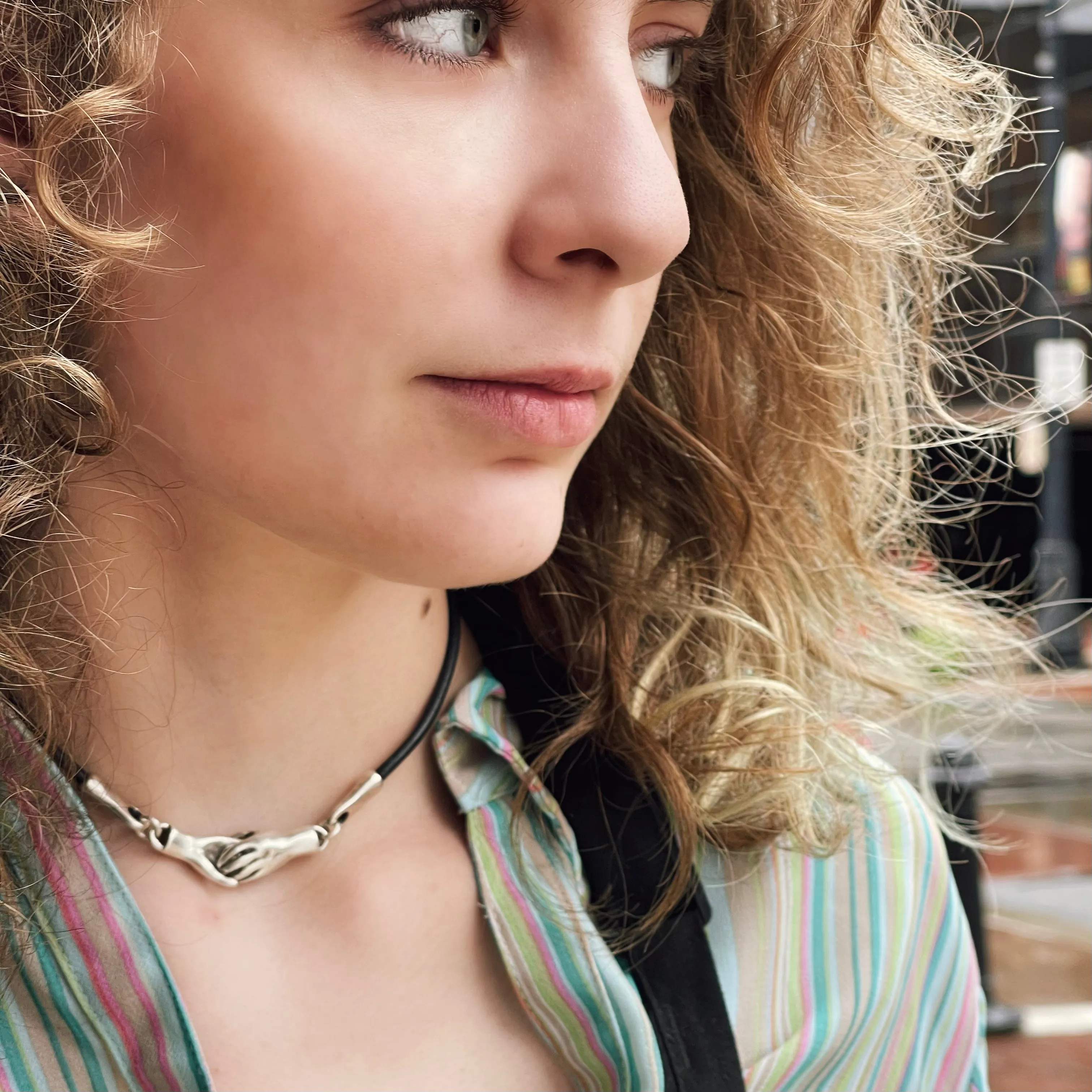 Pewter Hand in Hand Necklace