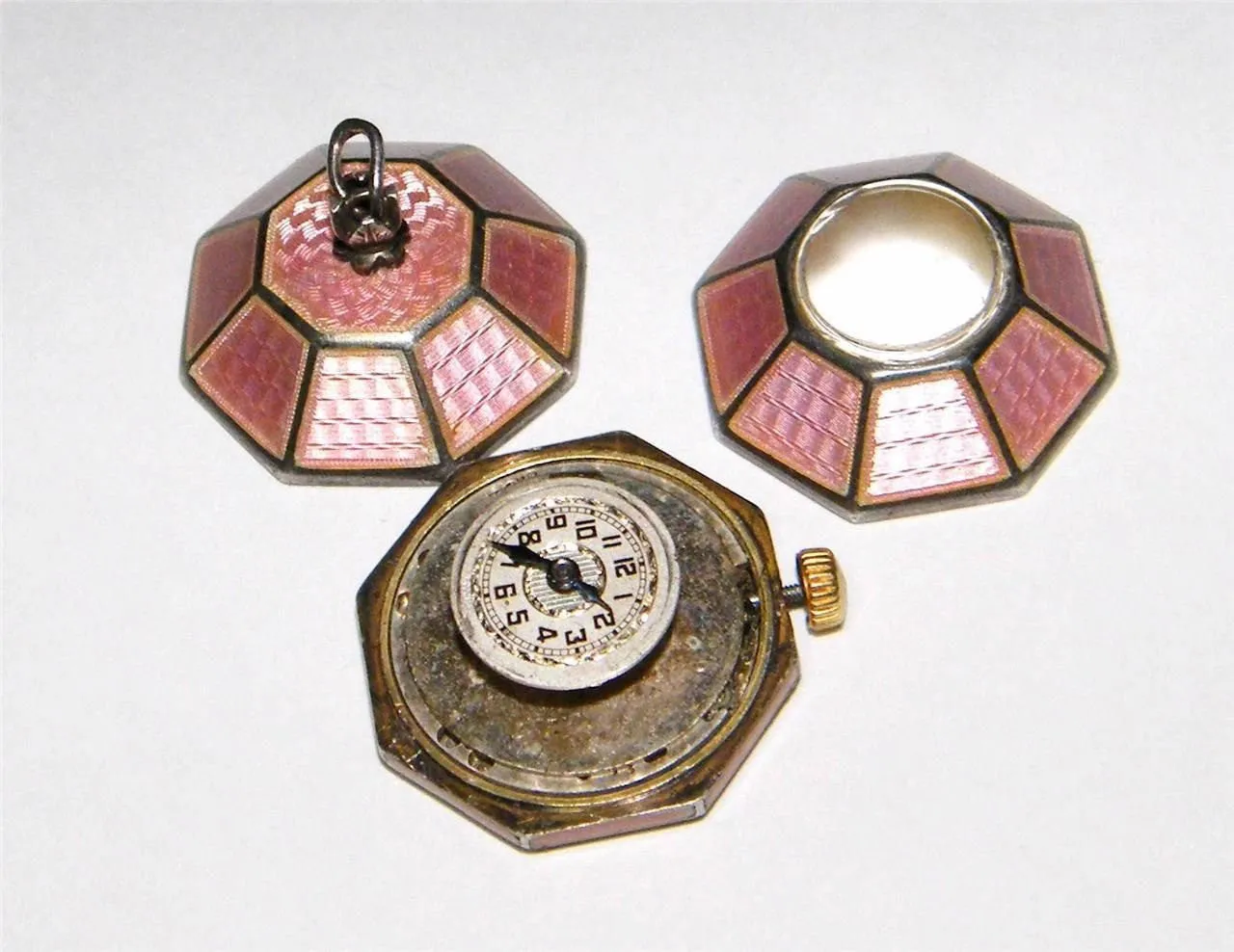 Pink Guilloche & Sterling Silver Watch Fob Art Deco Pendant Chatelaine Goering Swiss Watch 15 Jewel Working Extremely RARE MINT CONDITION