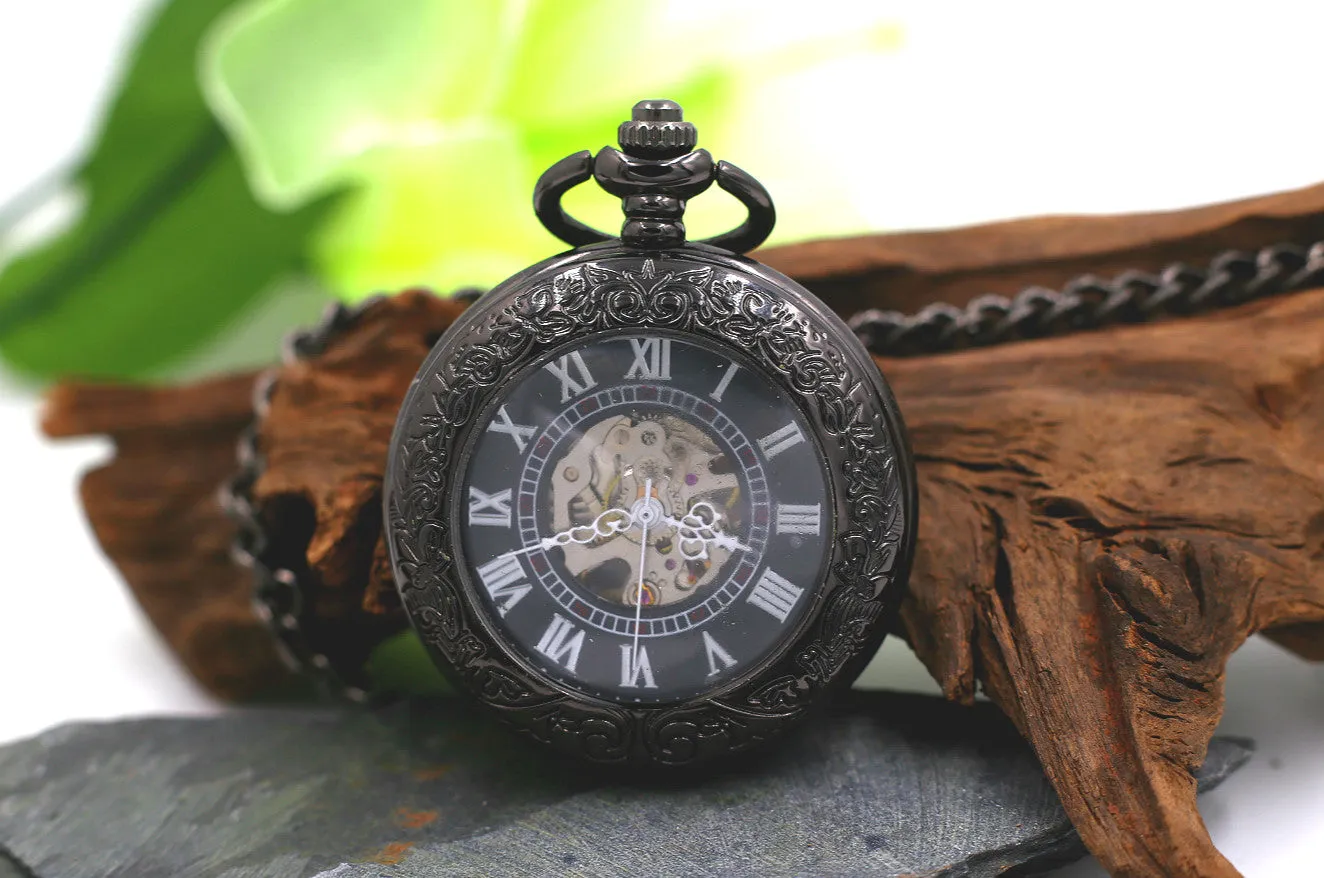 Premium Antique Black Mechanical Pocket Watch Men With Chains Wind Up Watch MPM030