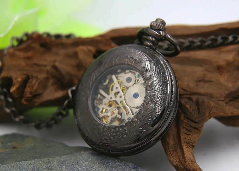Premium Antique Black Mechanical Pocket Watch Men With Chains Wind Up Watch MPM030