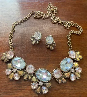 Pretty Crystal Rhinestone Gold Tone Statement Necklace & Earrings