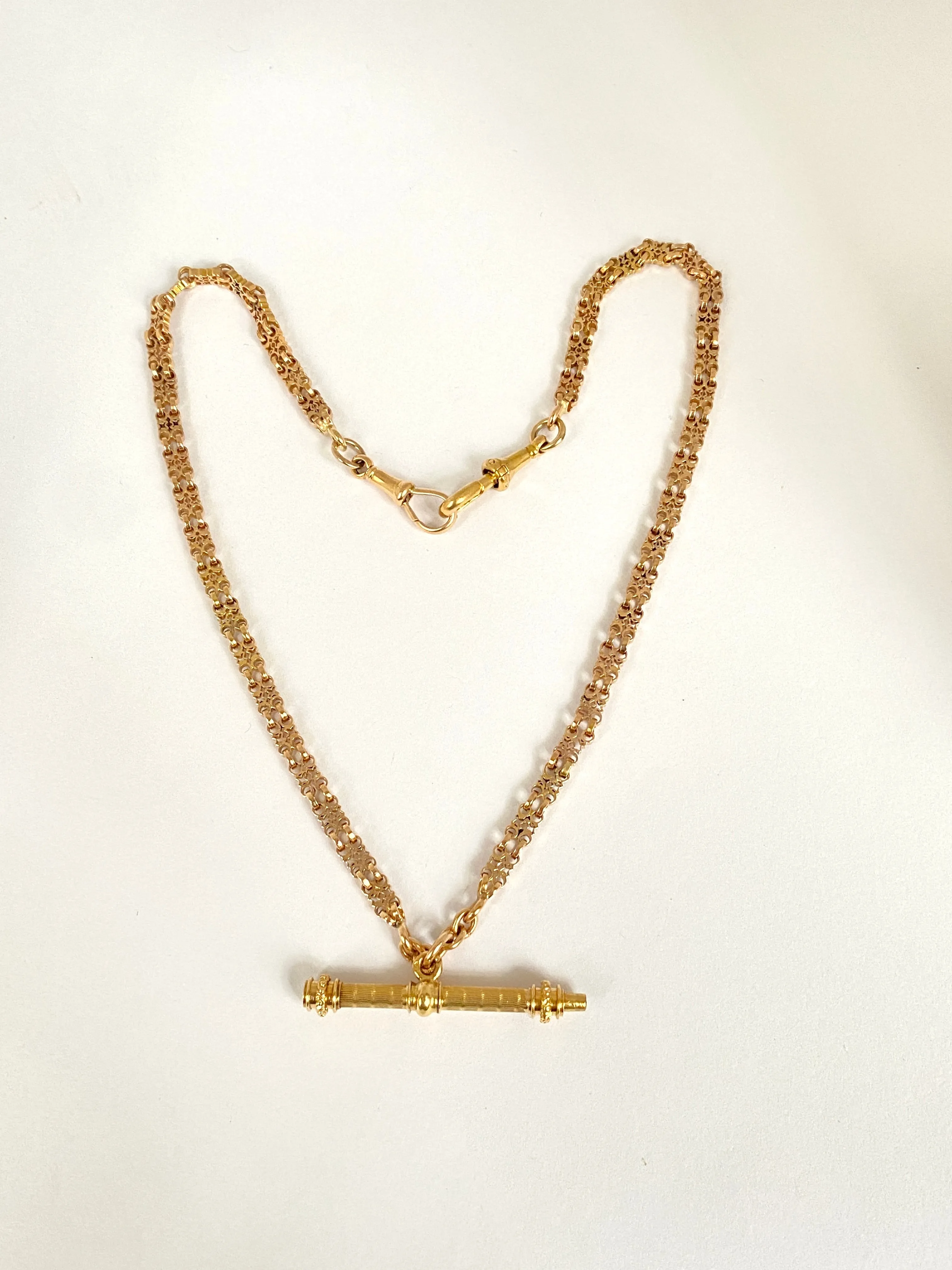 Rare and unique, 15.5 inch, Victorian 18ct Gold Fancy Link Albert Watch Chain with T bar/pocket watch key