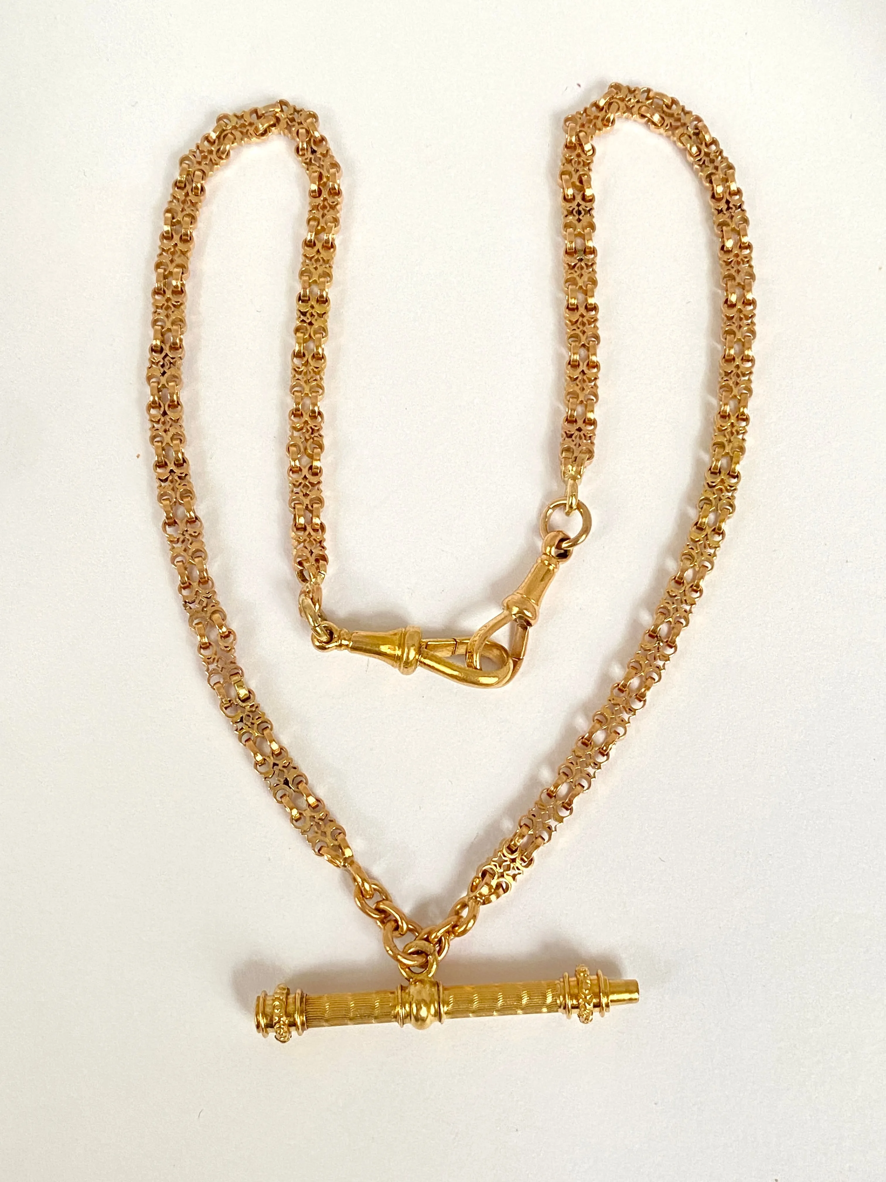 Rare and unique, 15.5 inch, Victorian 18ct Gold Fancy Link Albert Watch Chain with T bar/pocket watch key