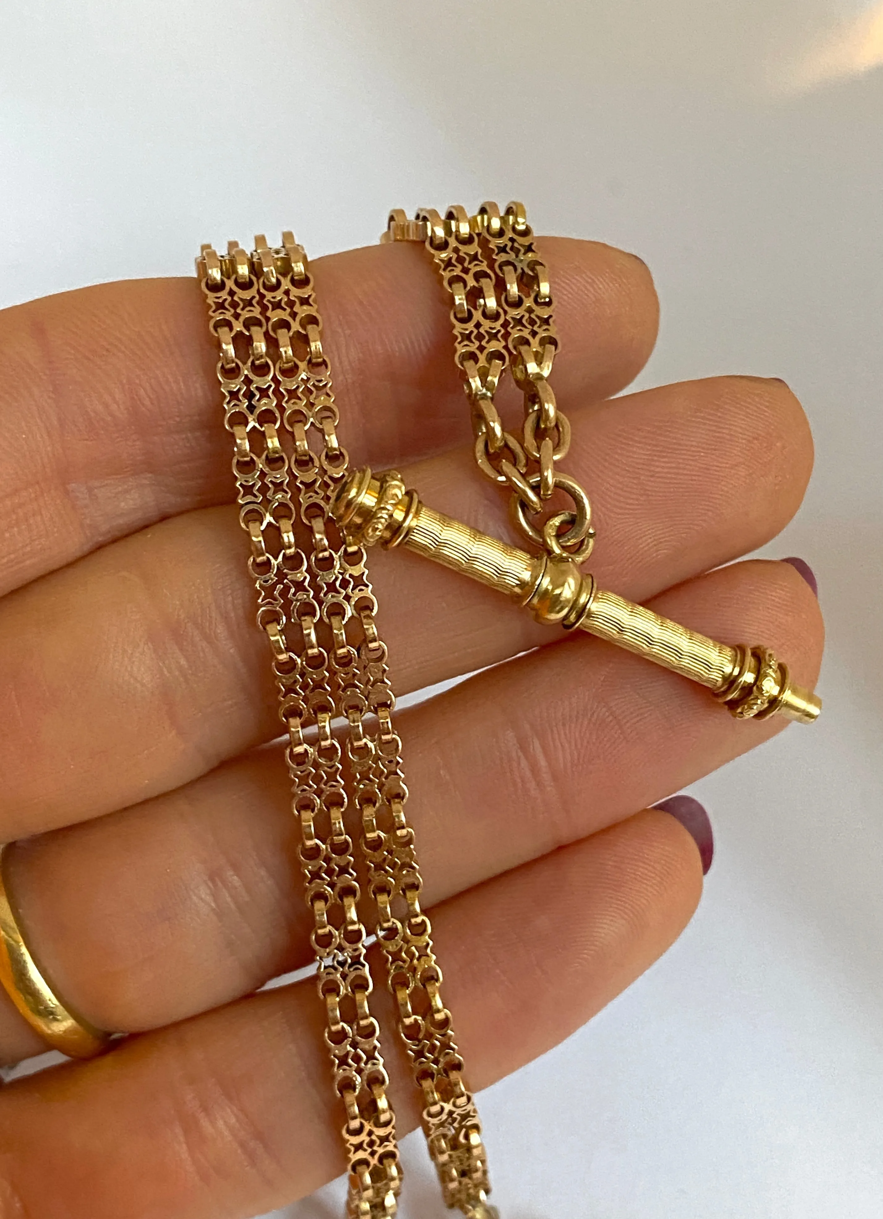 Rare and unique, 15.5 inch, Victorian 18ct Gold Fancy Link Albert Watch Chain with T bar/pocket watch key