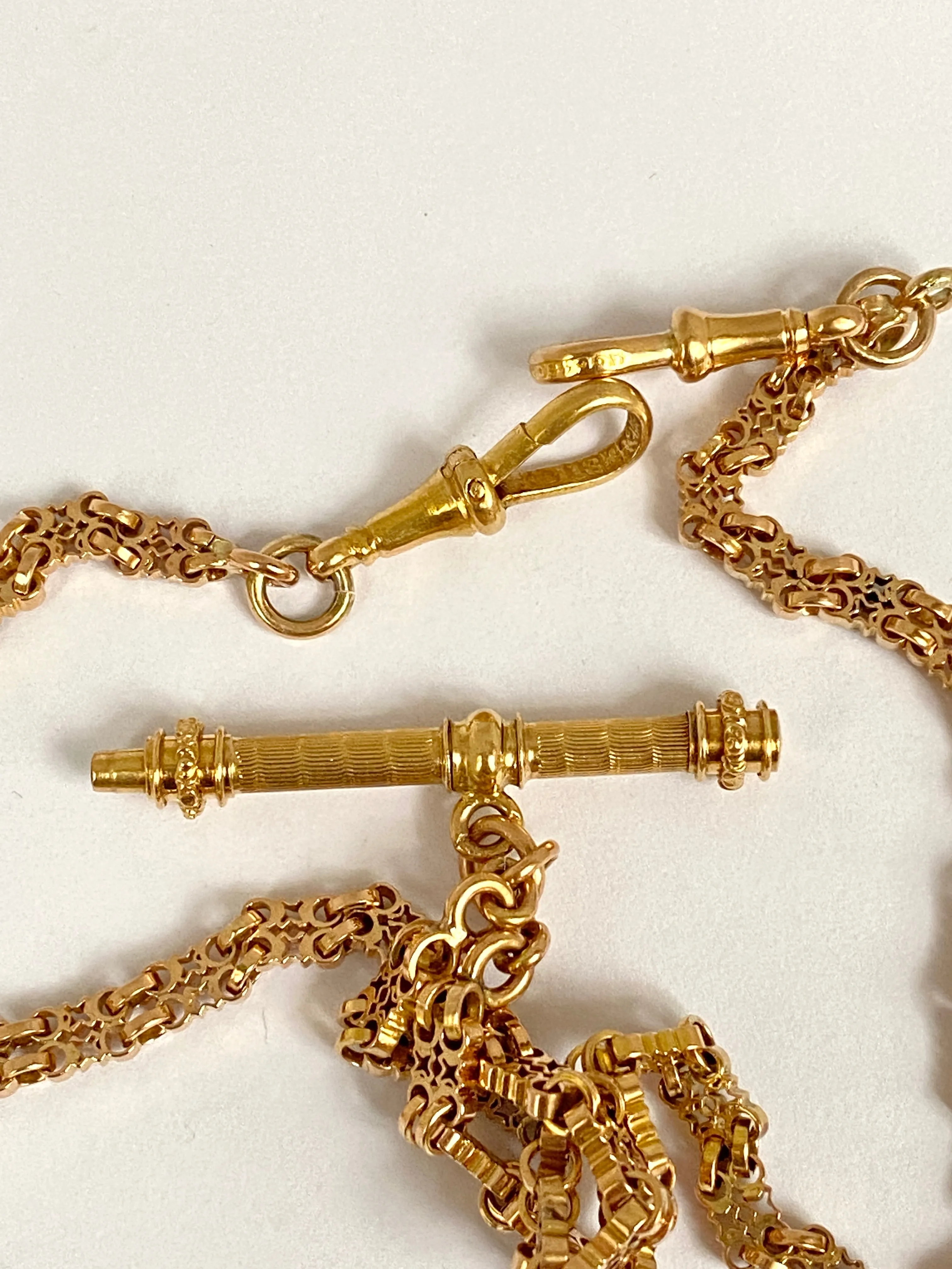 Rare and unique, 15.5 inch, Victorian 18ct Gold Fancy Link Albert Watch Chain with T bar/pocket watch key