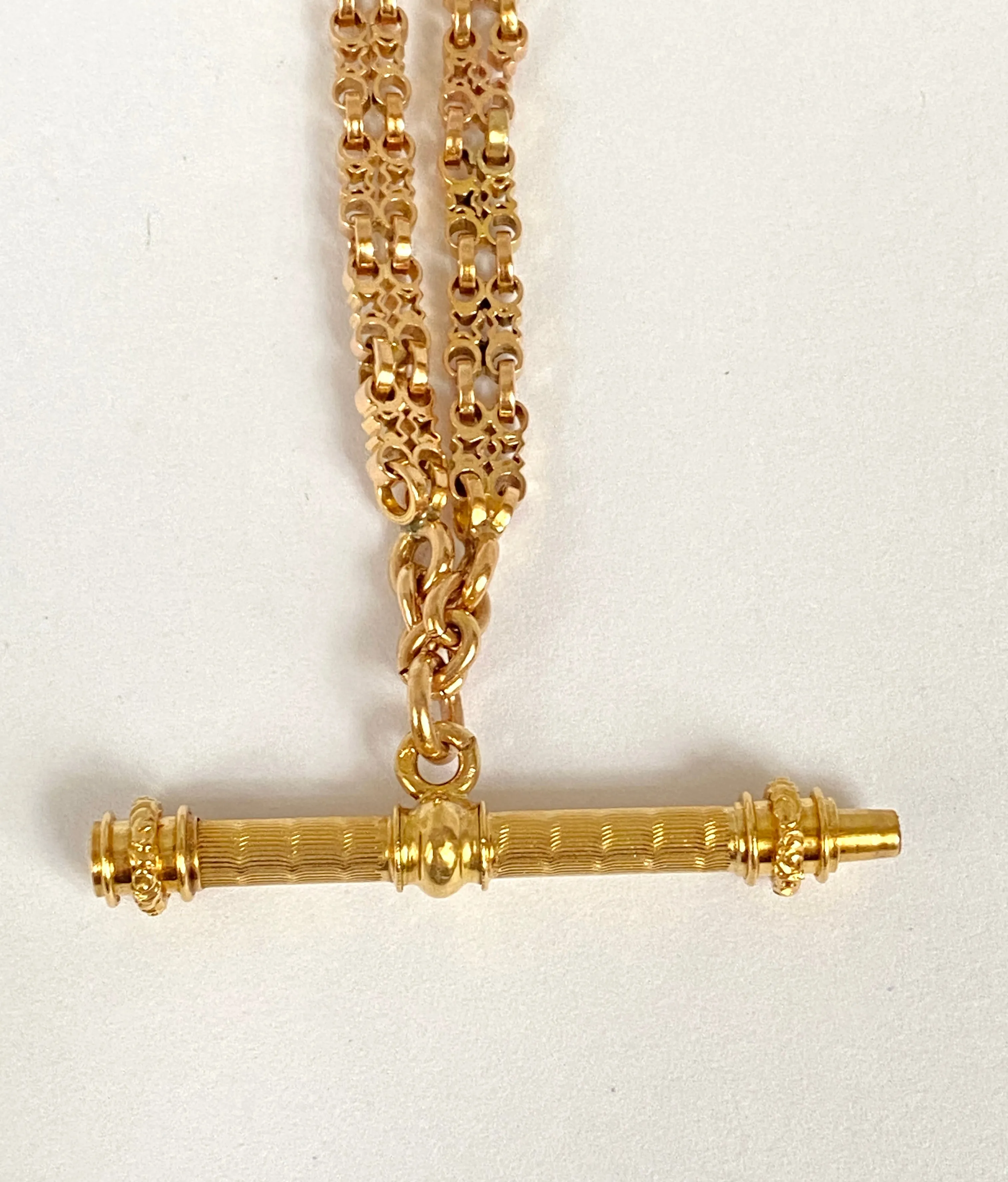 Rare and unique, 15.5 inch, Victorian 18ct Gold Fancy Link Albert Watch Chain with T bar/pocket watch key
