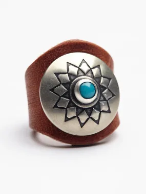 Red Sands Leather Ring Brown Nickel Concho With Turquoise Stone Center Starburst Shield