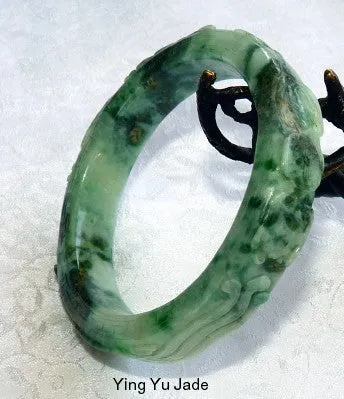 Sale-Estate Pre-Owned Qing Dynasty  Carved Dragon Phoenix Jadeite Bangle Bracelet 58mm (TI-1300)