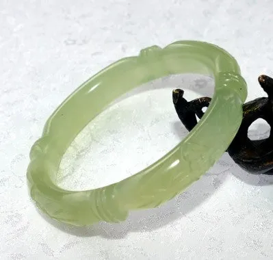 Sale-Flowers and Bamboo "Knot" Carved Classic Round Chinese Jade Bangle Bracelet 55 mm (NJCARV-23-55)