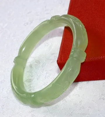 Sale-Flowers and Bamboo "Knot" Carved Classic Round Chinese Jade Bangle Bracelet 55 mm (NJCARV-23-55)